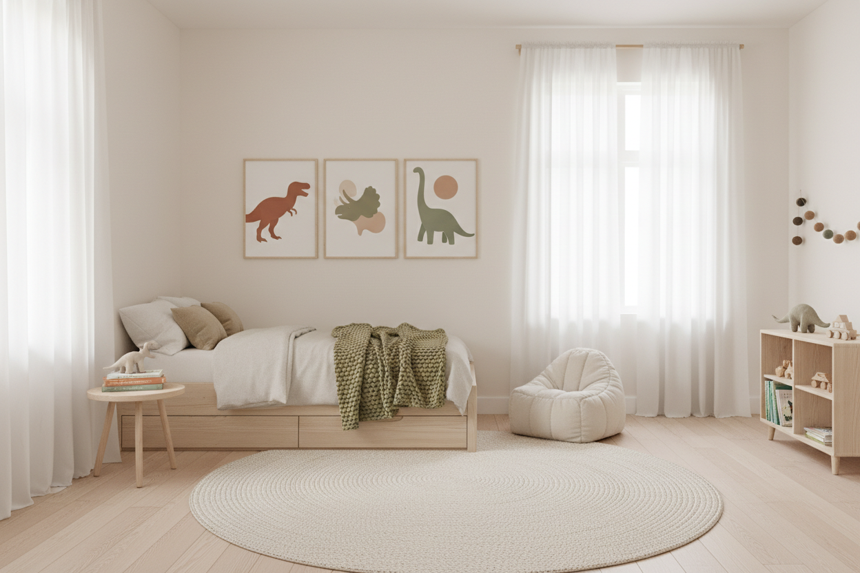 erstelle mir ein kinderzimmer mit postern dino schlicht und hell